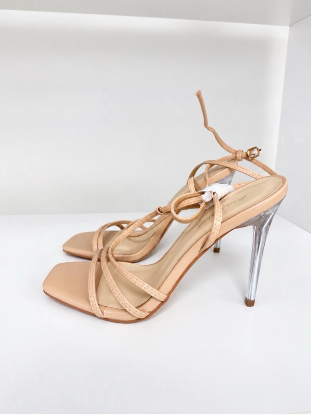 Nude Strappy High Heel Sandals with Clear Stiletto